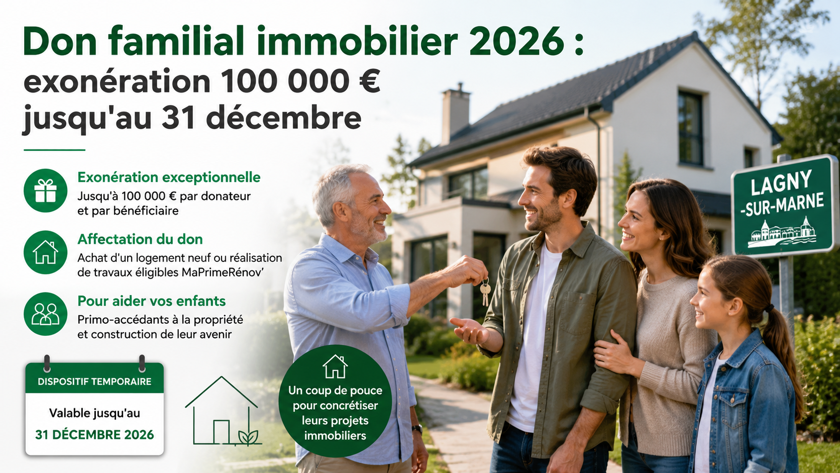 Don familial immobilier 2026 : exonération 100 000 € jusqu'au 31 décembre — ce que ça change pour acheter à Lagny